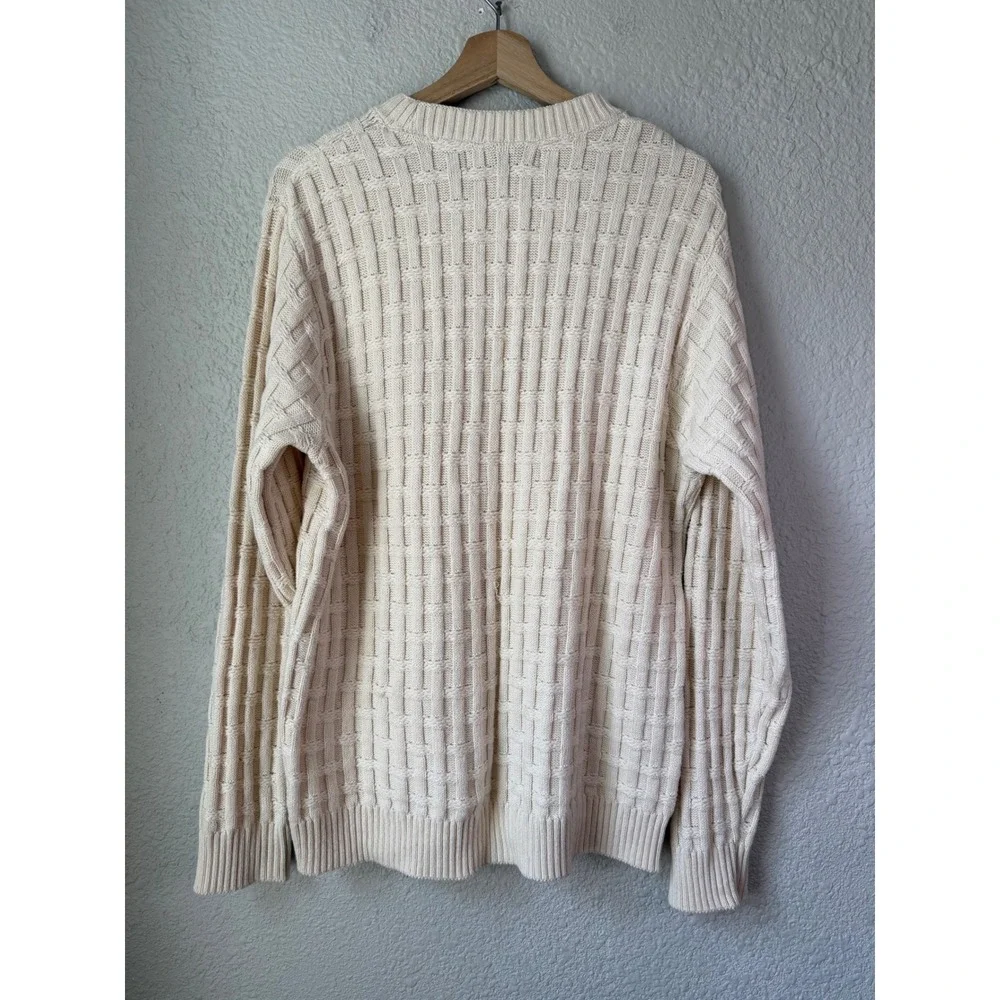 Oscar de la Renta Mens Cream Cotton Textured Basketweave Crewneck Sweater Medium